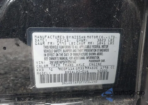 2015 Nissan Sentra Sv z USA, uszkodzony, nr VIN 3N1AB7AP5FY256140